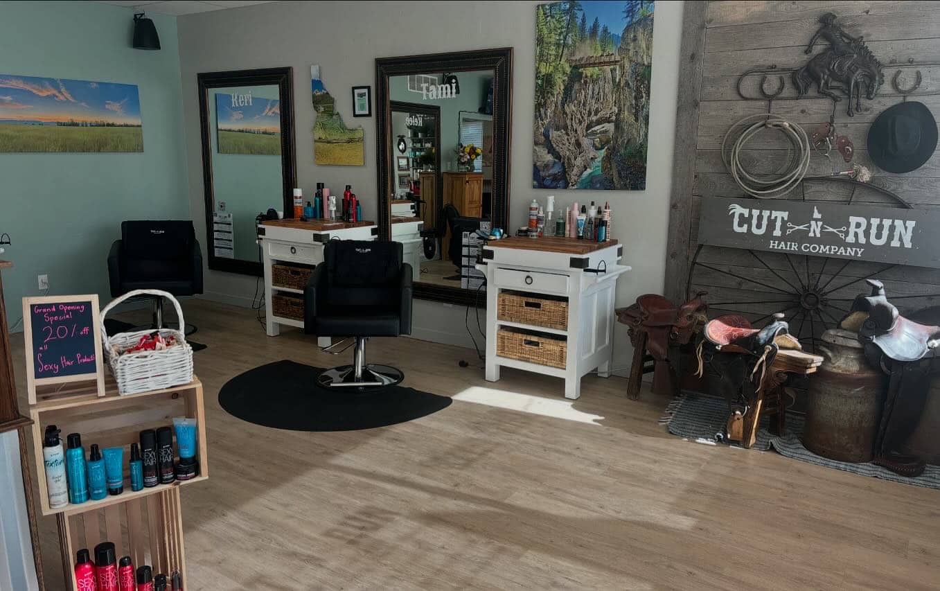 Inside the salon — styling stations with Western decor